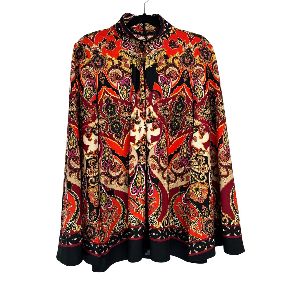 Vintage Womens Paisley Mock Neck Bell Sleeve Tunic Blouse Red Black M 70s‎ Disco